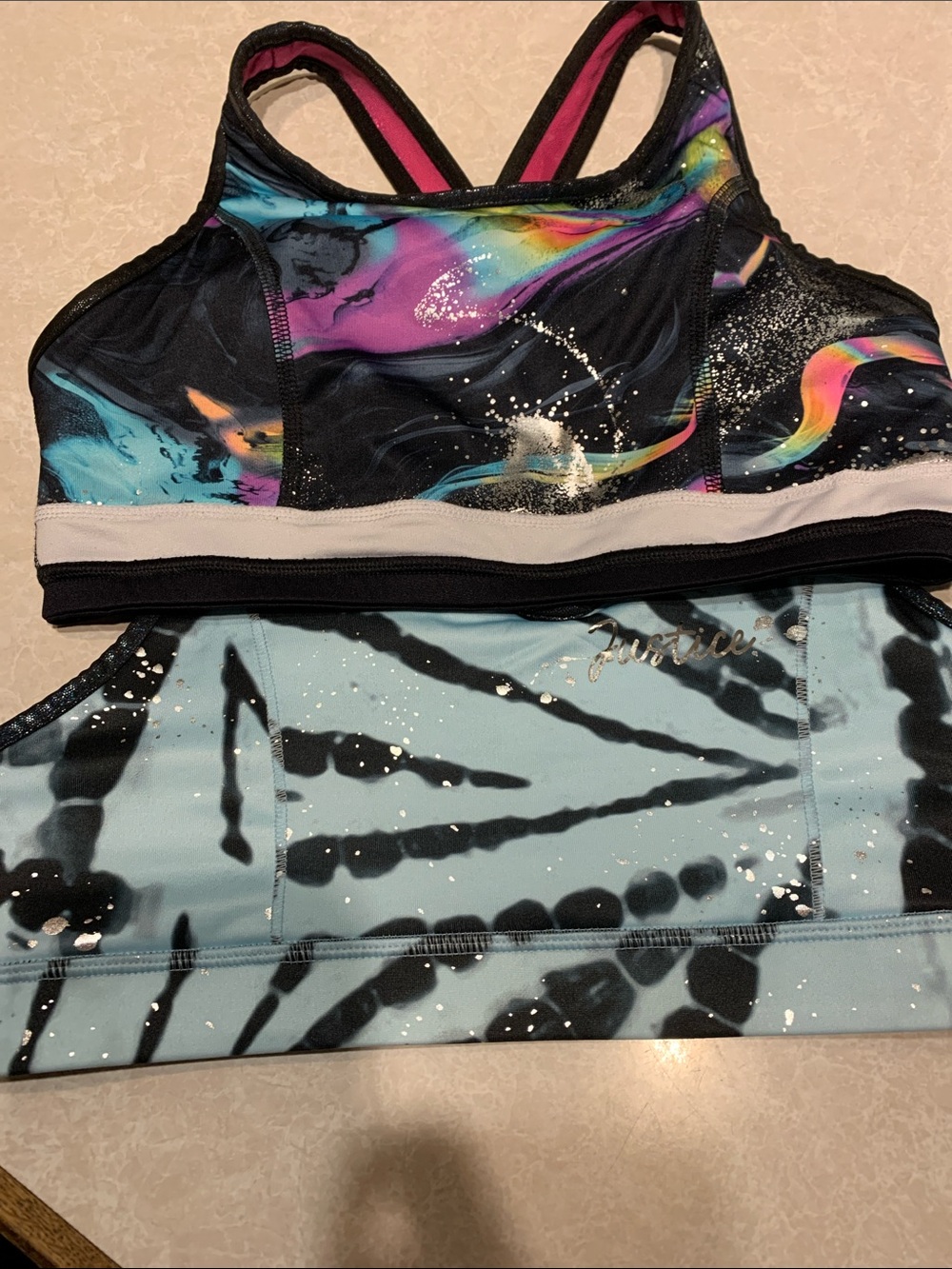 Justice 2 Multi-Color Strappy Sports Bras with Pink and Marble Blue Accents